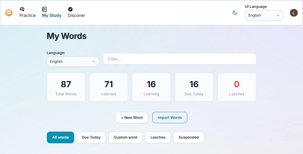 My Words and Statistics Interface